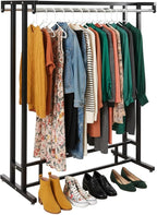 MyGift Black Clothes Rack for Bedroom Laundry Living Room, Heavy Duty Double Rod portable Freestanding Garment Rack Clothing Hanger Stand with Built-In Shelf and Storage