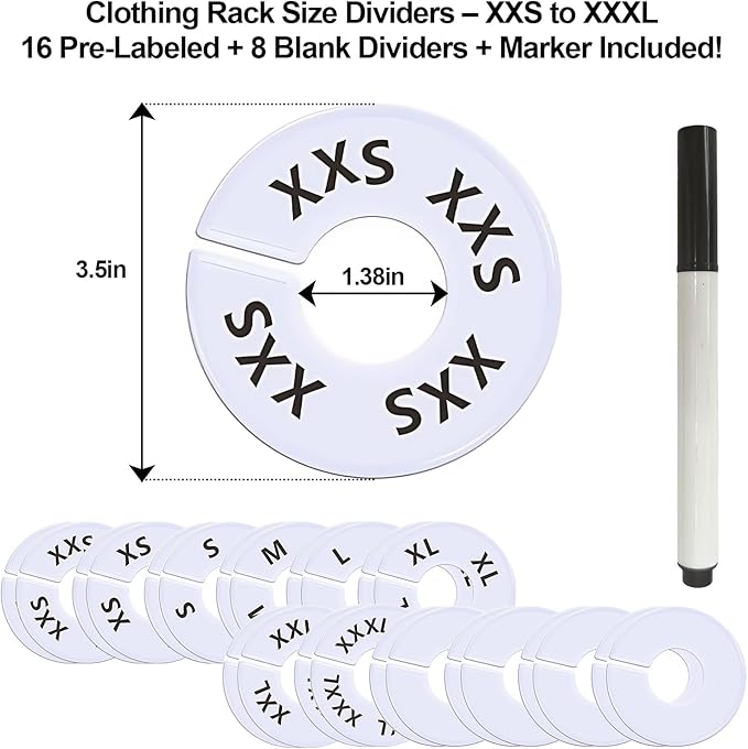 25 Pcs Clothing Rack Size Dividers Round White Plastic Size Markers for Clothing Rack Pre-Labeled (XXS-XXXL) & Blank Dividers & Erasable Pen for Closet, Retail Store, Wardrobe