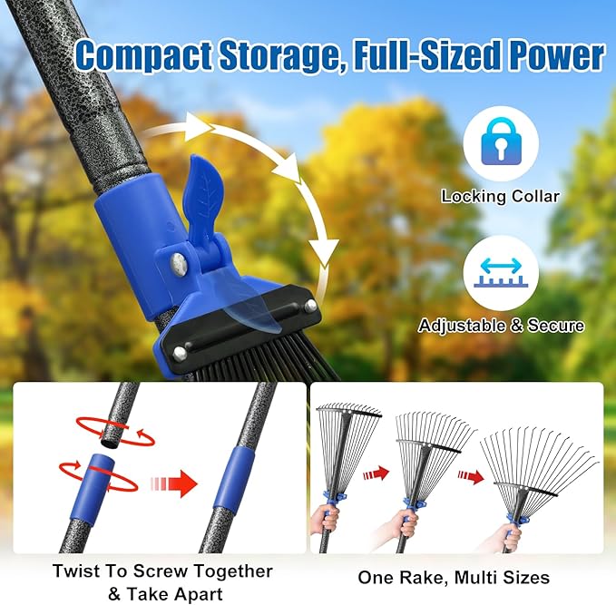 Rake for Leaves: Adjustable Metal Leaf Rake for Lawn, 8-17" Expandable Head,75” Long Handle,Collapsible Heavy Duty Women Kids Garden Rakes for Yard Pine Needles Mulch Grass Debris Gardening Camping