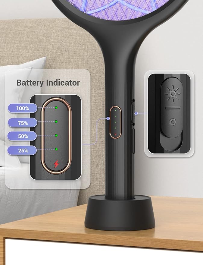 YISSVIC Electric Fly Swatter Bug Zapper Racket 4000V LED Screen Dual Modes Fly Zapper Rechargeable for Indoor Home Office Backyard Patio Camping (Black-2 Pack)