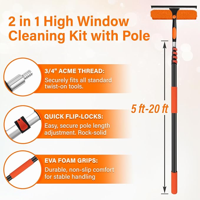 26FT Telescoping Window Squeegee Kit | 2-in-1 Professional Window Washer & Microfiber Scrubber with Extension Pole | High Reach Cleaning Tool for Outdoor, Indoor Windows & Glass