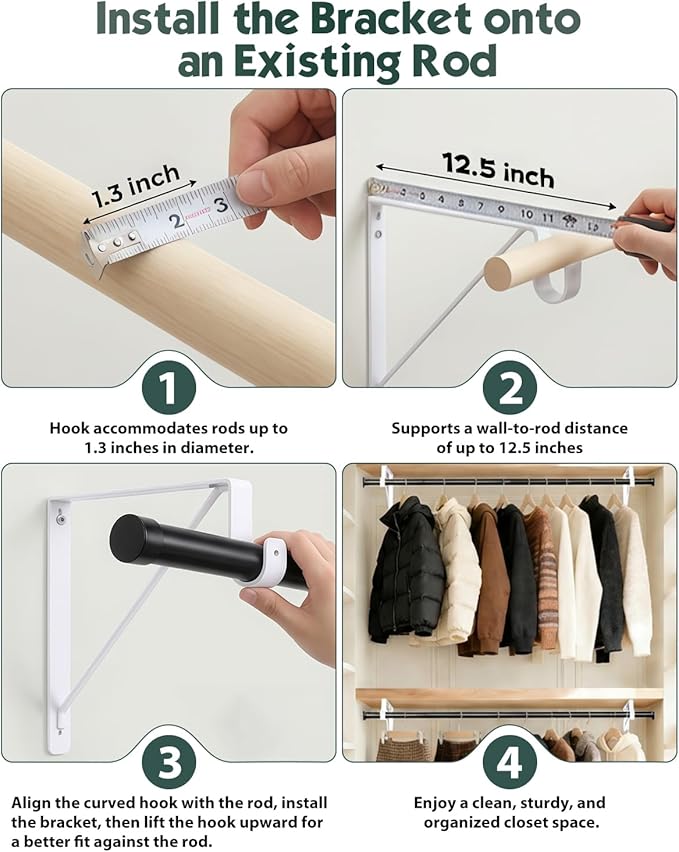 Supforce 2 Pack Closet Rod Bracket, Heavy Duty Closet Rod Support with Rod Holder, Wall Mounted Closet Shelf Brackets with Triangle Stabilizing Design for Closet, Bathroom and Kitchen, Black