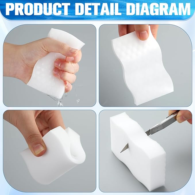60 Pack Magic Extra Durable Sponge Eraser 3 Layer Density Cleaning Pads in Bulk Thick More Lasting Sponge Eraser for Bathroom Kitchen Floor Bathtub Toilet Cleaner(White)