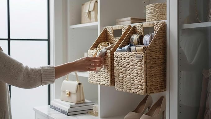 Wicker Hanging Storage Basket (10,5"Lx6,5"Wx13"H), Set of 2 Wall Baskets, Water Hyacinth Baskets, Wall Decor Hyacinth Basket Hanging for Organizing Files, Mails, Books, Accessories