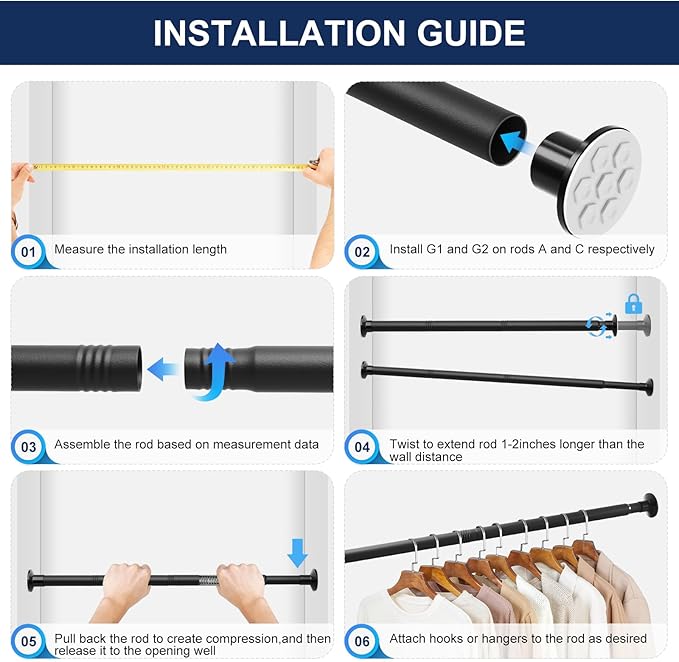 No Drilling Closet Rod, 27.5-94 Inches Hanging Closet Rod for Clothes, Closet Bar & Pole Heavy-duty, Closet Rods for Hanging Clothes For Closet Wardrobes Bathroom Laundry RV Curtains,Black