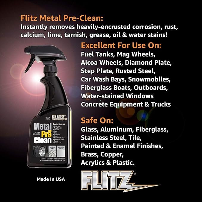 Flitz Metal Pre-Clean - 16oz of USA-Made Stainless Steel Cleaner Spray - Works on Aluminum, Brass, Copper, & More - Tarnish, Rust Remover for Metals - Non-Abrasive Aluminum Deoxidizer (6 Pack)