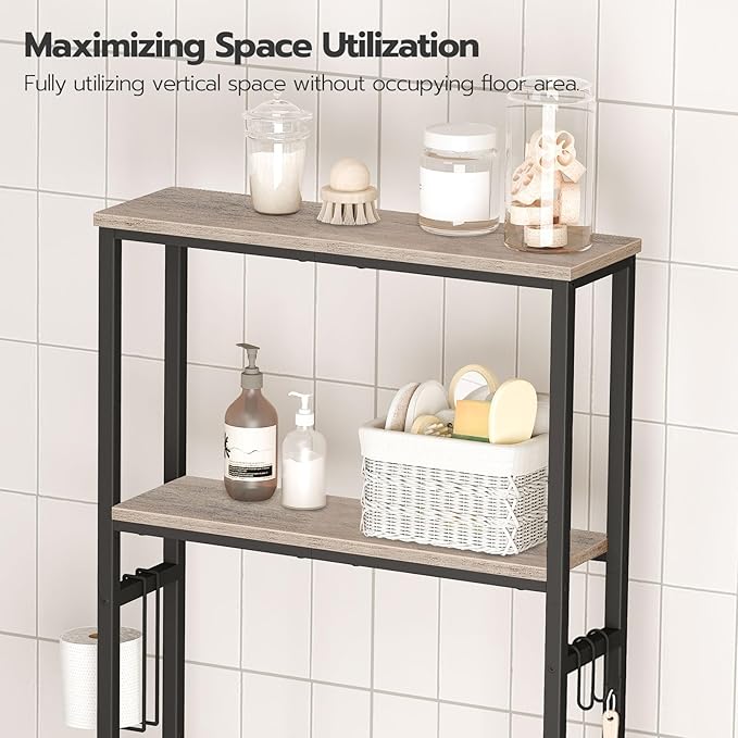 HOOBRO Over-The-Toilet Storage, 2-Tier Bathroom Organizer Over Toilet, Bathroom Shelves with Toilet Paper Holder and Hooks, Freestanding Storage Shelf, Space Saver, Greige and Black BG49TS01