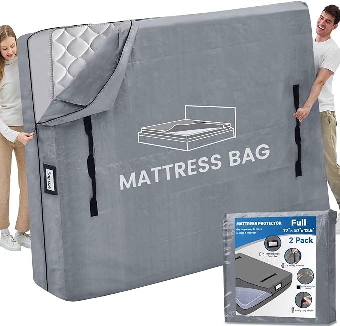 Mattress Bags for Moving and Storage, BETU Full Size Waterproof Mattress Protector Mattress Cover with 8 Heavy Duty Handles and Zipper Extra Thick Moving Supplies for Bed (2 Pack:77x57x13.5 Grey)