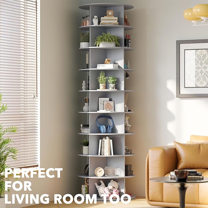 SpaceAid 9 Tier Rotating Shoe Rack Tower, Spinning Shoe Display Lazy Susan, Revolving 360 Shoe Rack Storage Round Carousel, Vertical Handbag Rotate Shoes Closet Organization (9-Tier Gray)