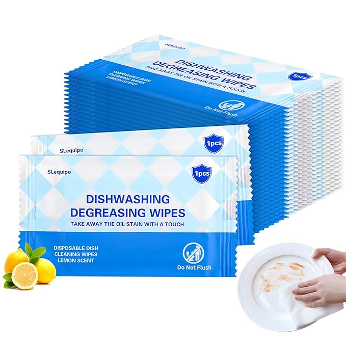200 Pcs Dish Wipes, Individually Wrapped, Lemon Scent, Non Woven Fabric, Quick Clean, Kitchen, Outdoor, Travel, Camping