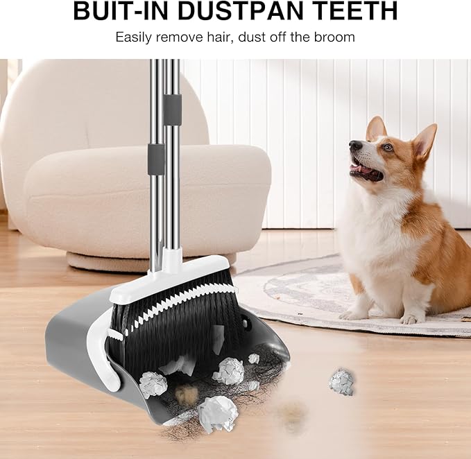 NACENA Broom and Dustpan Set, 52-in Long Adjustable Handle Broom Dustpan Combo with Dustpan Teeth to Automatically Clean Hair Suitable for Home Kitchen Office Hall Floor (Grey&White), 2 Pack