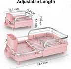SNTD Dish Drying Rack, Expandable Dish Rack for Kitchen Counter, Stainless Steel Dish Drainer with Drainboard Set and Utensil Holder (Pink)