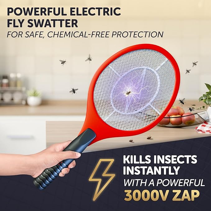 Upgraded Bug Zapper Racket 2025- Big Electric Fly Swatter & Mosquito Zapper for Indoor/Outdoor Insect Control - Battery-Operated Tennis Racket Zap - Portable High Voltage Bug Zapper