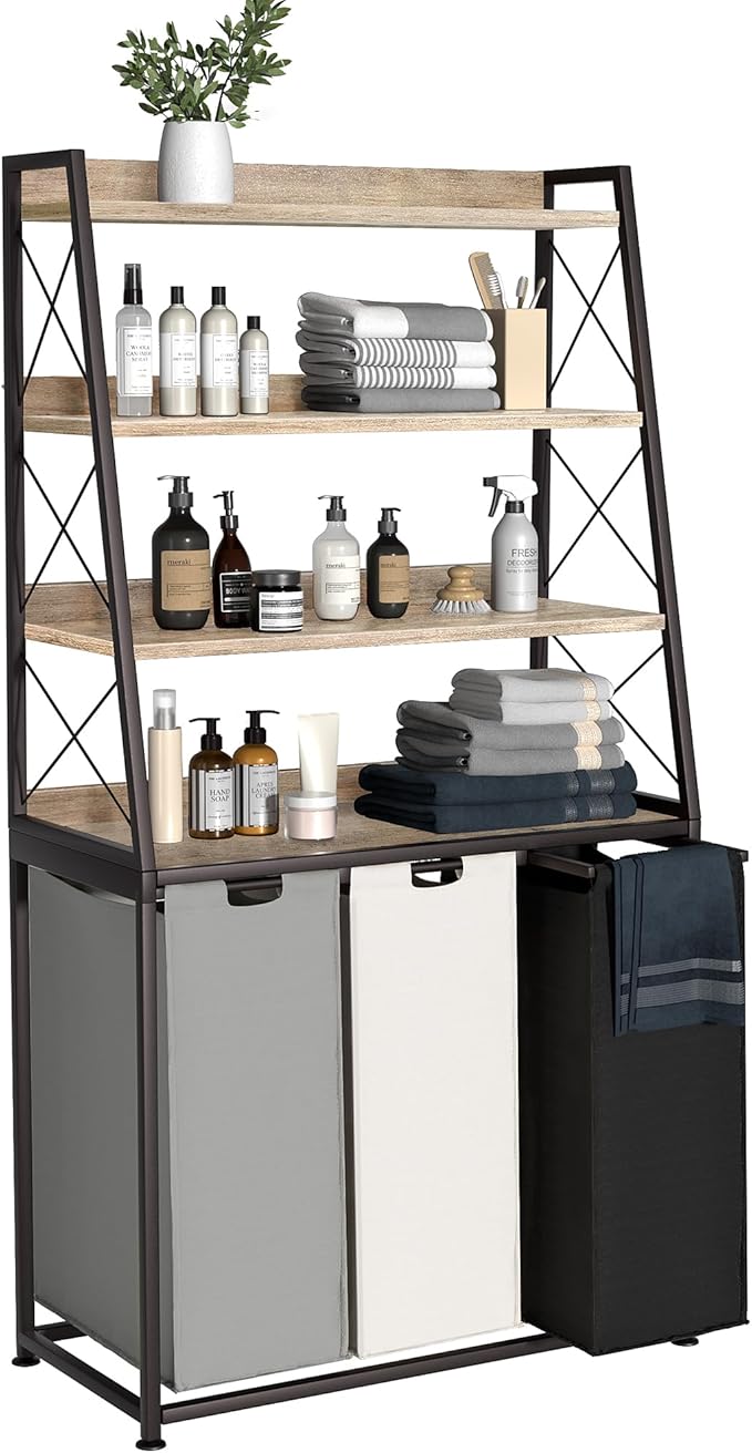 Herture Laundry Basket, 3 Section Laundry Hamper with 4 Tiers Shelf, Pull-Out and Removable Laundry Bags, Large 3 x 15.87 Gallons, for Laundry Room Bathroom Greige PF05XLZ