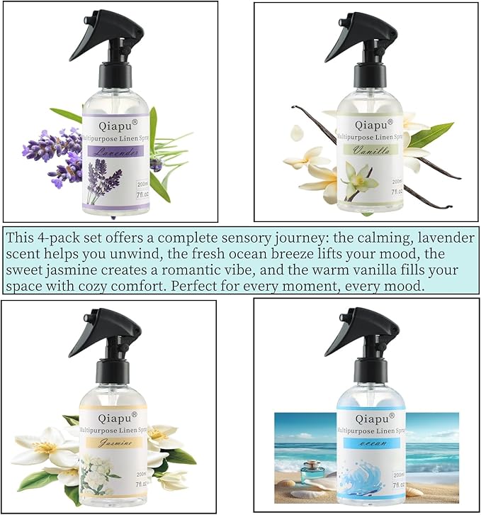 Natural Linen & Room Spray Air Freshener Mist – Scented Fabric Spray with Plant Extracts for Pillows, Sheets, and Home Fragrance. Aromatherapy Pillow Mist for Relaxation and Sleep 4PCS