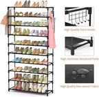 LANTEFUL 10 Tiers Shoe Rack 50 Pairs Large Capacity Tall Shoe Organizer Sturdy Shoe Storage with Two Hooks Space Saving Metal Wide Shoe Rack for Closet, Entryway, Bedroom, Black