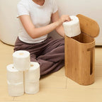 Gobam Bamboo Toilet Paper Storage with Dual-Use Lid, Freestanding Bathroom Tissue Organizer with Viewing Slot, Built-In Handle, Anti-Slip Base, Compact Toilet Paper Holder Stand for up to 6 Mega Rolls