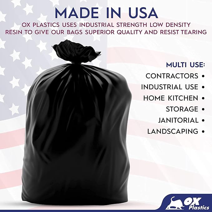 55 Gallon Trash Bags Heavy Duty – Large Black Contractor Bags 36x52" – Industrial, Yard Waste, Lawn & Leaf, Construction Garbage Can Liners – Made in USA (3 Mil, 50 Count)