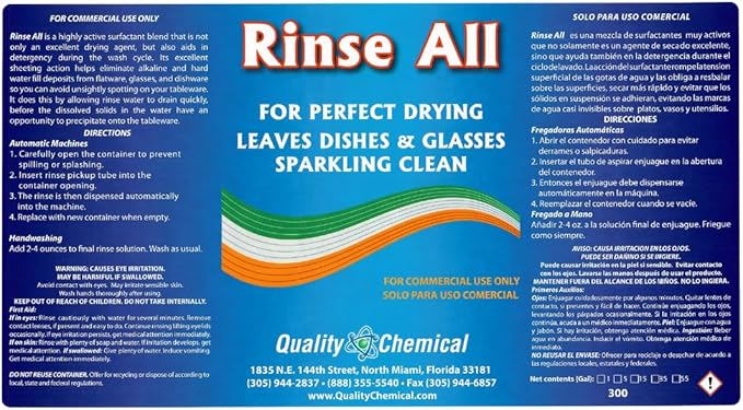 Quality Chemical Rinse All/Commercial Industrial Grade Rinse Aid/Dishwasher Rinse Aid Liquid, heat and cool dry Finish/Rinse Agent Dishwasher/Leave Dishes Spotless 128 oz (Pack of 4)