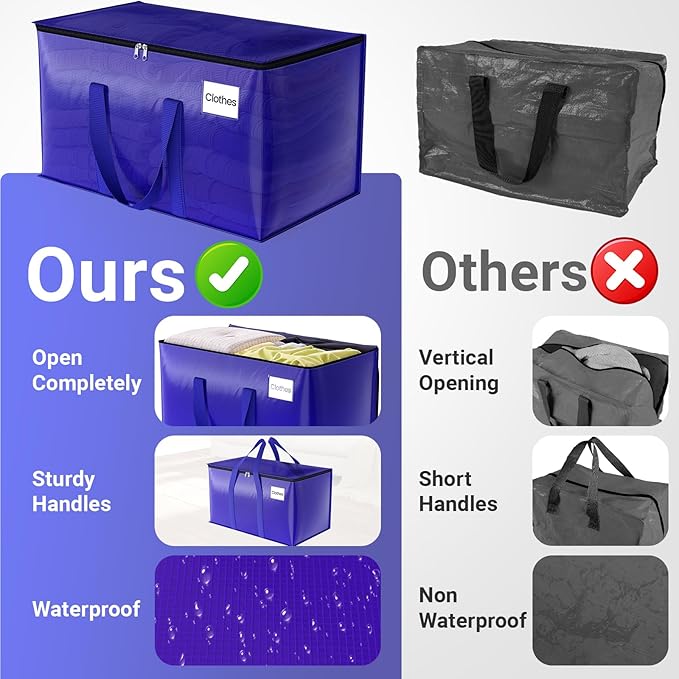 FabSpace Moving Storage Bags, Moving Supplies Packing Boxes for Moving, Camping, College Dorm Room Essentials for Girls, Blue Tote Bags, Heavy-Duty Storage Bins With Lids And Zippers, 76L 4 Pack