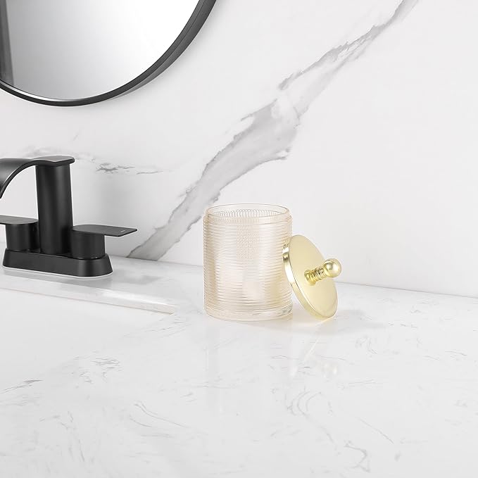 Tan Colored Tranlucent Apothecary Ribbed Geometric Etched Glass Jar W/Gold Metal Lid Cover for Bathroom Organization, Cotton Balls, Q Tips, and Small Accessories, Bathroom Storage