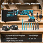 SEESII Reciprocating Saw Cordless, Variable Speed 3500 RPM Brushless Motor with 8 Saw Blades, 2 x 4.0Ah Batteries, LED Light, Tool‑Free Blade Change, Portable for Wood PVC Cutting (Dark Blue)