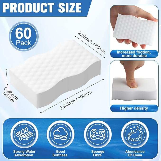 60 Pack Magic Extra Durable Sponge Eraser 3 Layer Density Cleaning Pads in Bulk Thick More Lasting Sponge Eraser for Bathroom Kitchen Floor Bathtub Toilet Cleaner(White)