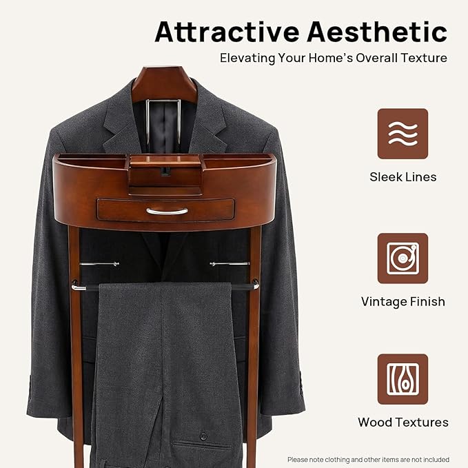 TFCFL Wooden Suit Rack with Drawer & Trouser Holder, Multi-functional Coat Stand for Hats/Scarves/Belts, Space-Saving Standing Suit Valet Stand for Home/Office, 22lbs Load Capacity (Brown)