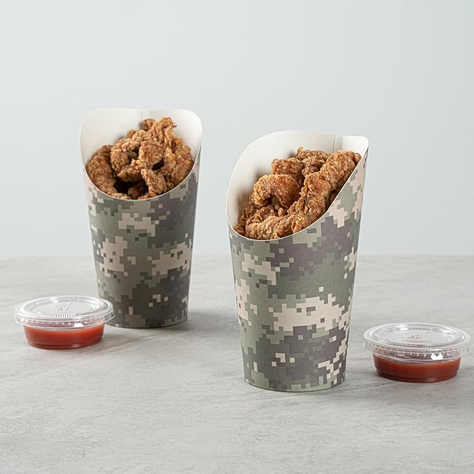 Restaurantware Bio Tek 16 Ounce French Fry Containers, 100 Disposable Charcuterie Cups - Incline Design, Round, Camouflage Paper French Fry Cups, Stackable, For Waffles, Chips, or Popcorn