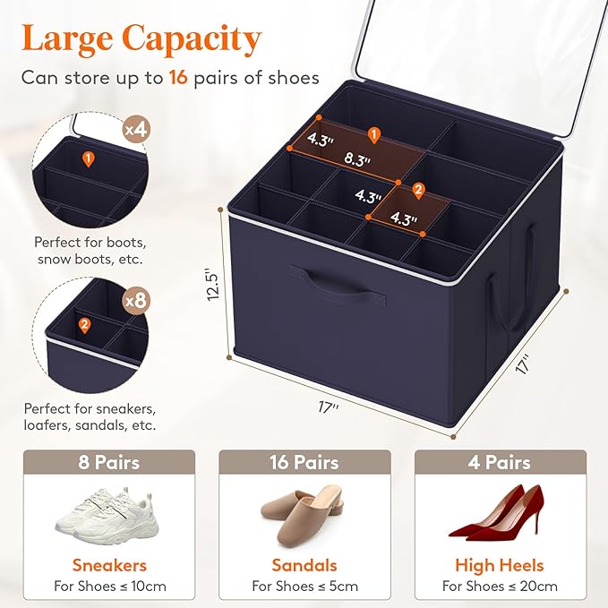 Lifewit Shoe Storage Organizer for Closet, Fabric Large Shoe Box Storage Containers with Clear Cover, Foldable Bins for Boots Heels Sneakers Fits 24-32 Pairs (Each 12-16 Pairs) 2 Pack Blue