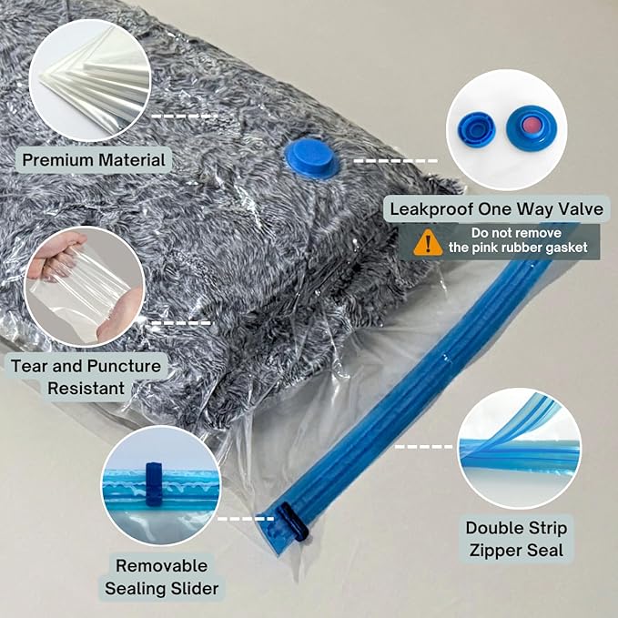 6 Jumbo XL Vacuum Storage Bags with Pump, Extra Large Compression Space Saver for Comforter, Duvet, Blanket, Bedding Storage, Vacuum Seal Bags for Clothing, Luggage Suitcase and Closet Organizer
