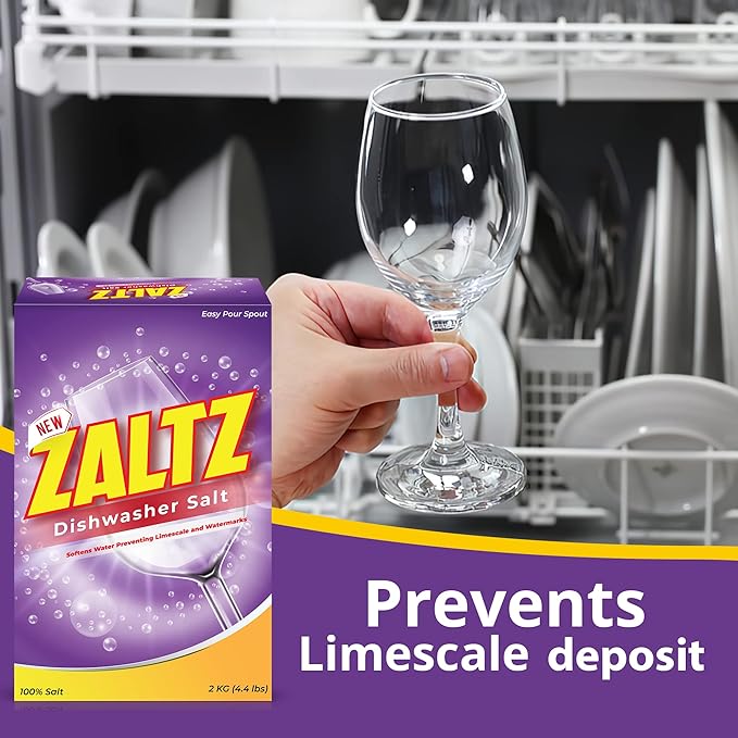 Zaltz Dishwasher Salt - Water Softener, Cleaner, Rinse Aid With Easy Pour Spout - Real Salt For Dishwashers, 4.4 lb Box