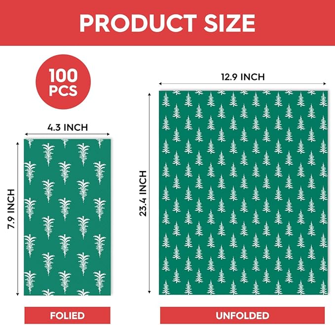 Horaldaily 100 Christmas Disposable Paper Decorative Guest Napkins, Green Xmas Trees Hand Towel for Party Lunch Dinner Kitchen Bathroom