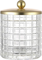 Clear Tranparent Apothecary Etched Geometric Grid Glass Jar W/Gold Metal Lid Cover for Bathroom Organization, Cotton Balls, Q Tips, and Small Accessories, Bathroom Storage