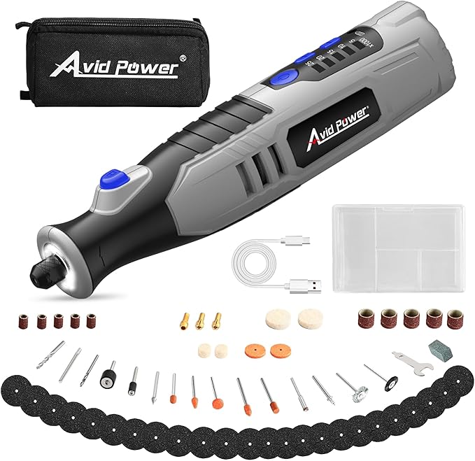 AVID POWER Cordless Rotary Tool 2.0 Ah 8V Rechargeable Rotary Tool, 4 Front LED Lights, 5 Speeds, 60 Pcs Rotary Accessories with Bag for Carving, Engraving, Sandng, Polishing and Cutting - Grey