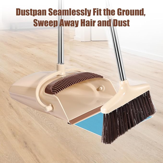 Broom and Dustpan Set with Long Handle – Upright Standing Broom Combo with Self-Cleaning Teeth & Windproof Dustpan, Floor Sweeper for Home, Kitchen, Pet Hair, Indoor Outdoor Use