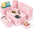 33 PCS Drawer Organizer Set, 4 Size Makeup Drawer Divider Organizer With Non-Slip Pads, Interlocking Plastic Storage Bins for Office,Jewelry Vanity,Gadgets, Bathroom,Kitchen, Pink