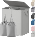 Lifewit Double Laundry Hamper with Lid and Removable Laundry Bags, Large Collapsible 2 Dividers Dirty Clothes Basket with Handles for Bedroom Laundry Room Closet Bathroom College, 155L Silver Gray