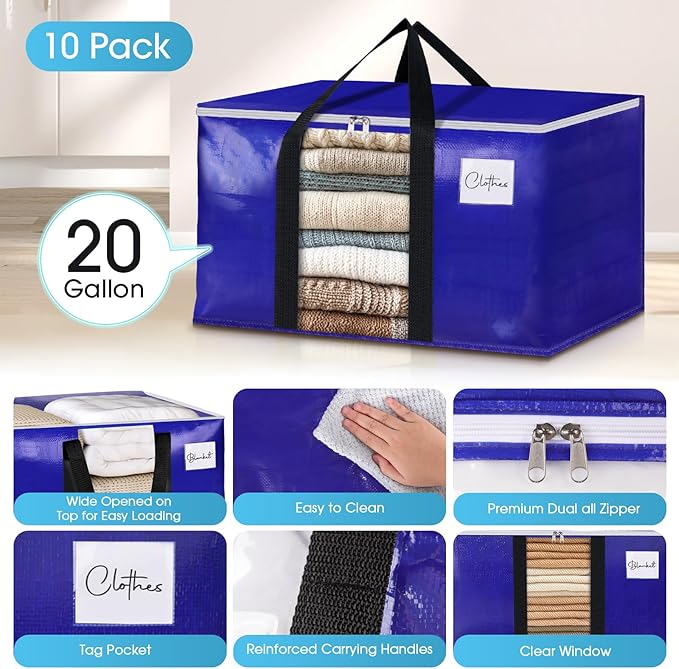 BlissTotes 10 Pack Moving Bags with Clear Window, Storage Bags with Strong Carrying Handles & Zippers,Large Packing Bags for Saving Space, Alternative to Moving Boxes(Blue,20 Gallon)