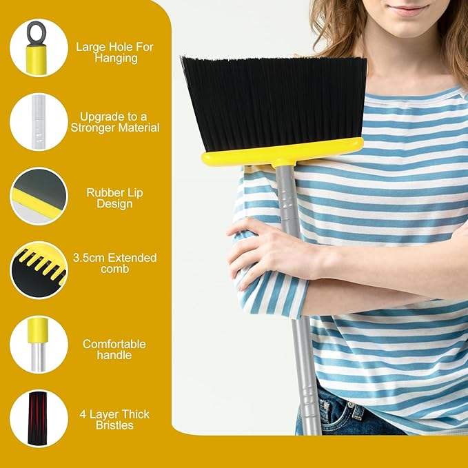 Broom and Dustpan Set with 54 Inch Long Handle - Perfect Dust Pan and Brush Combo for Home Efficient Cleaning (Yellow and Grey)