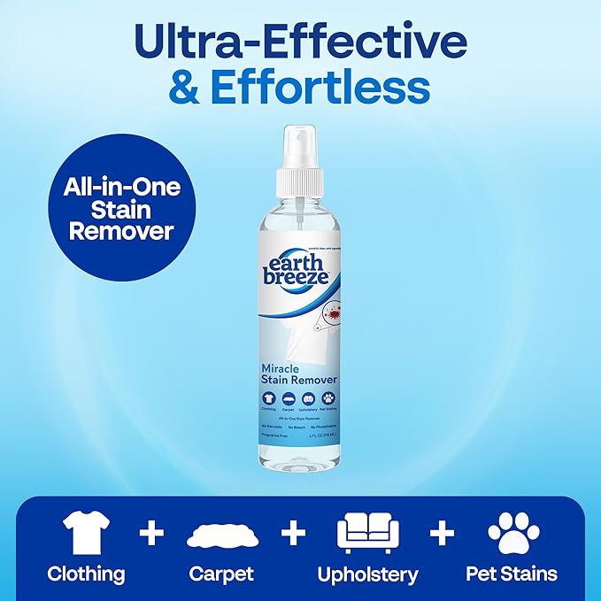 Earth Breeze Miracle Stain Remover Spray – Powerful All-In-One Solution - Removes Virtually All Household Stains – No Harsh Chemicals – Made in USA – Ultra-Effective Tough Stain Eliminator – 4fl oz.