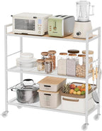 3-Tier Metal Storage Rack with Industrial Wheels,Mesh Shelving Unit with Wooden Table top,Adjustable Shelf,31.5-Inch Width, for Kitchen, Laundry,Pantry,Plant,Oak panel and white frame