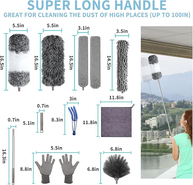 Microfiber Feather Duster with Extension Pole 30 to 100 inches, Reusable,Bendable, Washable Dusters for Cleaning Ceiling Fan, High Ceiling, Blinds, Furniture & Cars, 12PCS