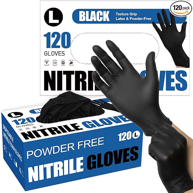 Fixwal Black Disposable Nitrile Gloves, 4 Mil, 120 Count, Cleaning Service Gloves, Latex Free, Powder Free, Disposable Gloves for Cooking, Cleaning
