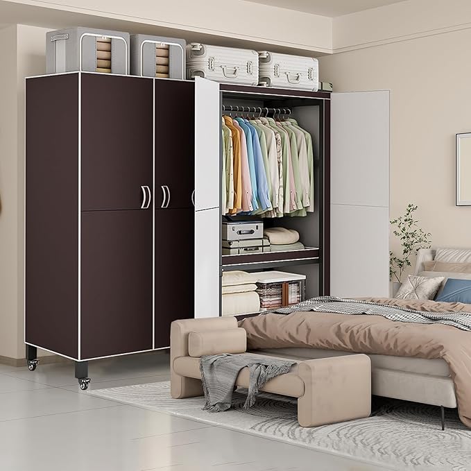 Heavy Duty Covered Clothes Rack with Magnetic Door Foldable Portable Wardrobe Closet for Hanging Clothing Rolling Black Metal Garment Rack on Wheels Closet System (Brown, 49.12in)