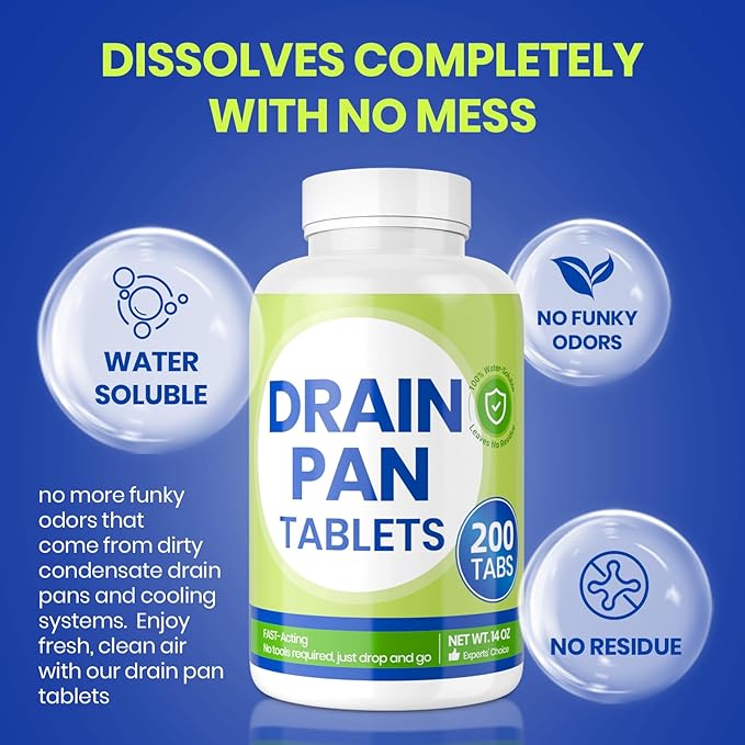 Drain Pan Tabs - 200 Tablets, AC Drain Line Cleaner, Fast-Acting Treatment for HVAC, Window Units, Mini-Splits, Dehumidifiers, Refrigerators - Lasts Up to 4 Weeks, No Residue, Water-Soluble