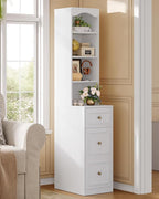 67" Tall Bathroom Storage Cabinet with 4 Open Shelves, Drawer & Cabinet, L-Shaped Narrow Bathroom Storage Cabinet with Adjustable Shelf, Bathroom Storage Cabinet for Bathroom, Living Room, White