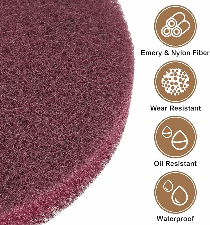 HARFINGTON 6pcs Scrubber Scouring Pads 500 Grits 4 Inch Drill Power Brush Hoop and Loop Surface Conditioning Disc Drill Scuffing Disc Scrub Pads for Home Kitchen Cleaning, Red
