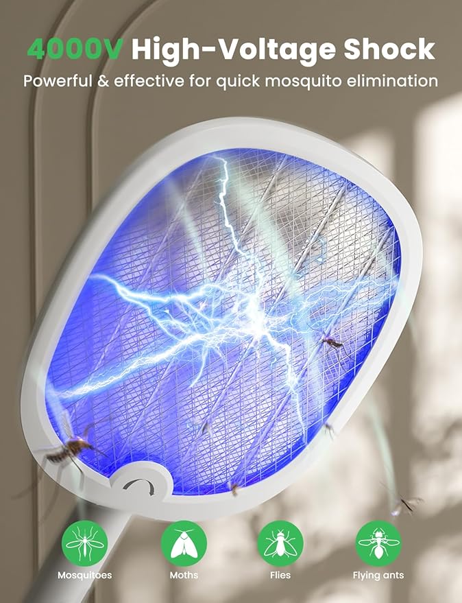 YISSVIC Electric Fly Swatter Foldable Bug Zapper Racket 2 in 1 Mosquito Killer with Purple Attractant Light Rechargeable 1800mAh for Indoor Home Backyard Patio Camping