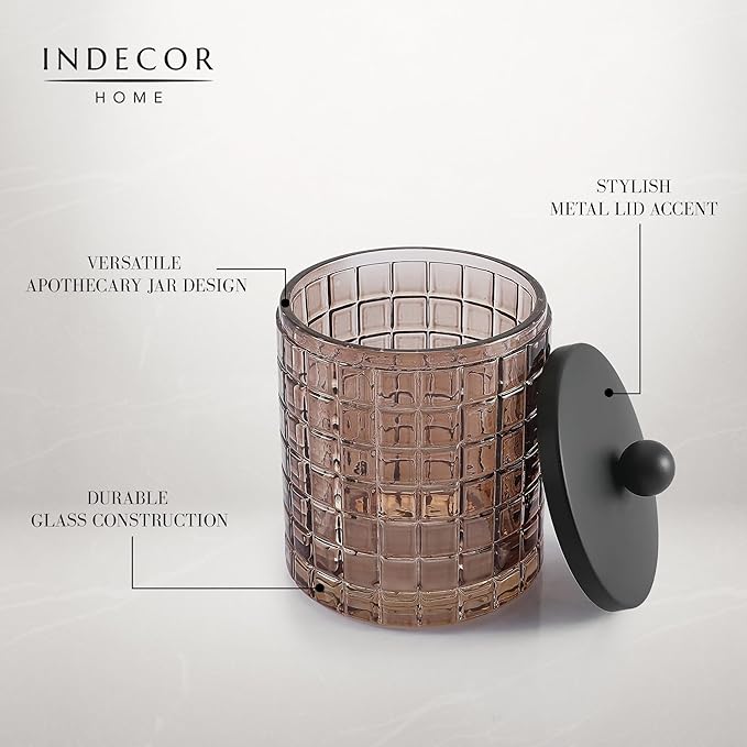 Amber Colored Tranlucent Apothecary Etched Geometric Grid Glass Jar W/Matte Black Metal Lid for Bathroom Organization, Cotton Balls, Q Tips, and Small Accessories, Bathroom Storage
